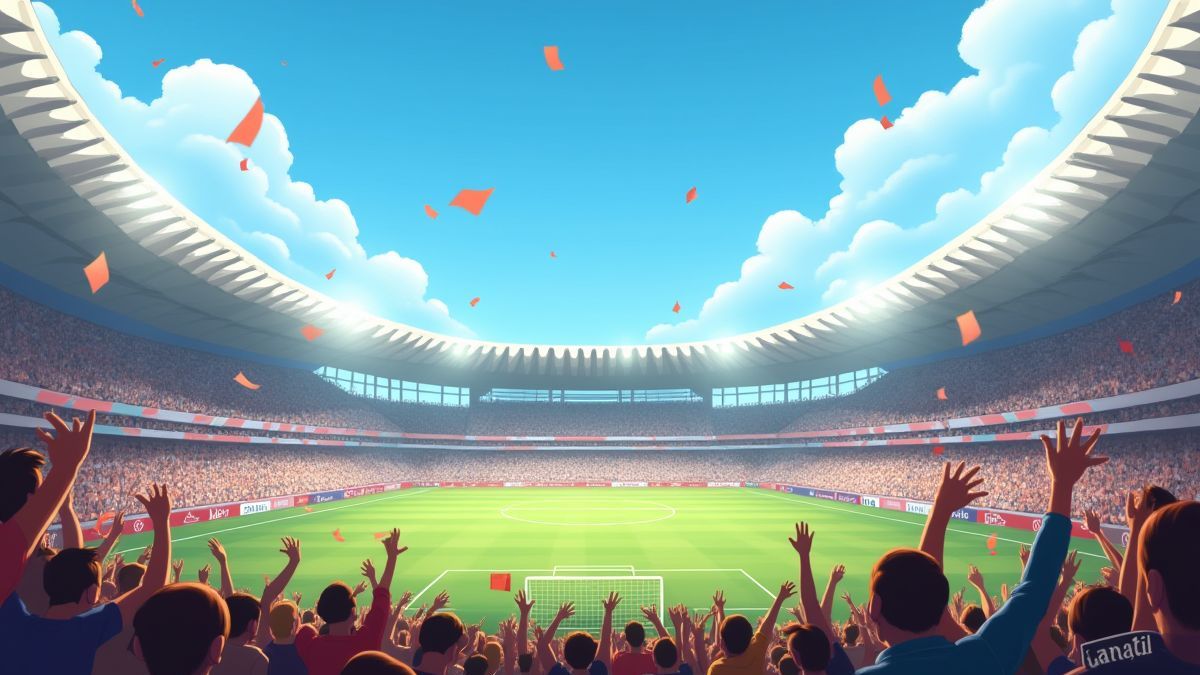 Animated football stadium with flags and fans.