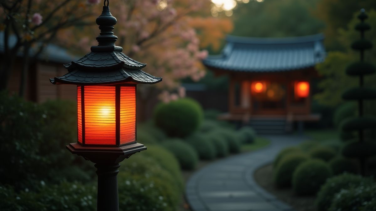 Japanese lantern illuminating a tranquil garden.