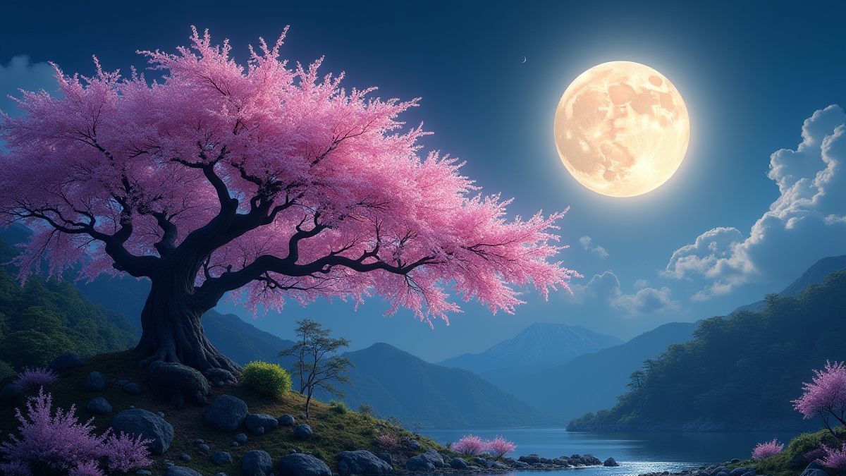 Cherry tree blooming under the full moon in a Japanese garden.