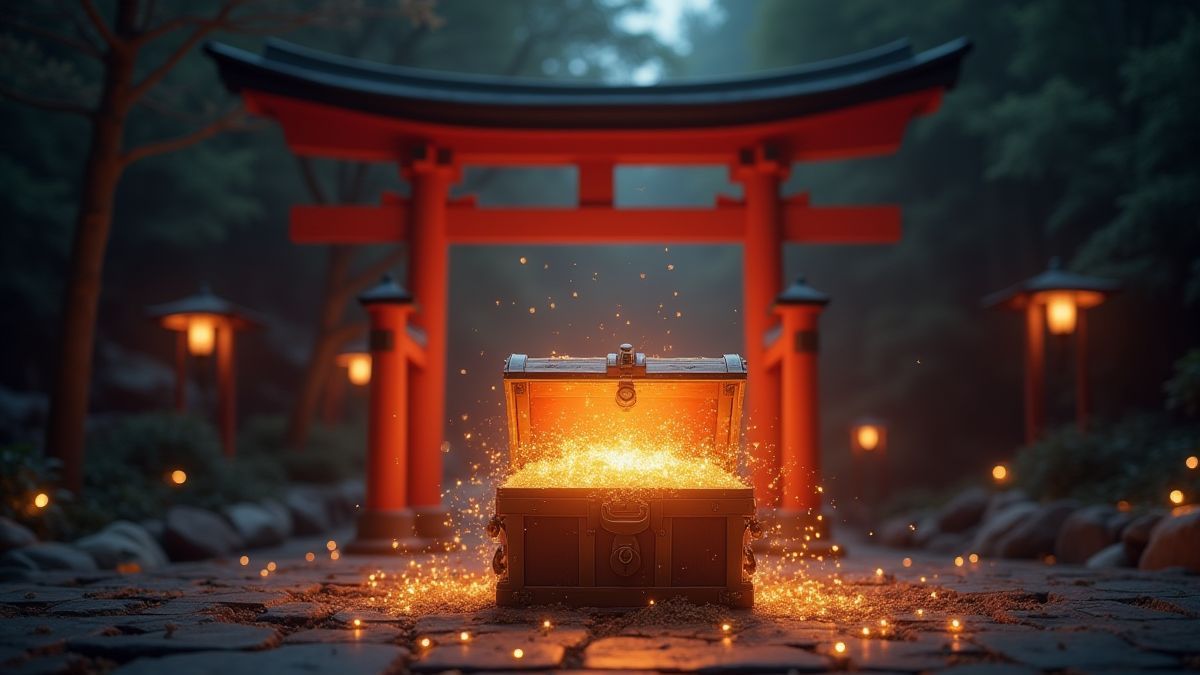 Shiny treasure chest under a lit Torii.