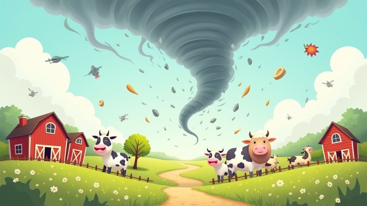 Animais felizes em uma fazenda sendo levados por um tornado.