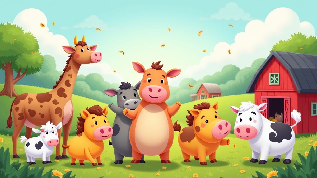 Uma fazenda animada com cores vibrantes e animais felizes.