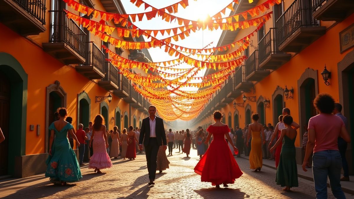 Lebhaftes spanisches Festival mit Flamenco-Tänzern und Girlanden.