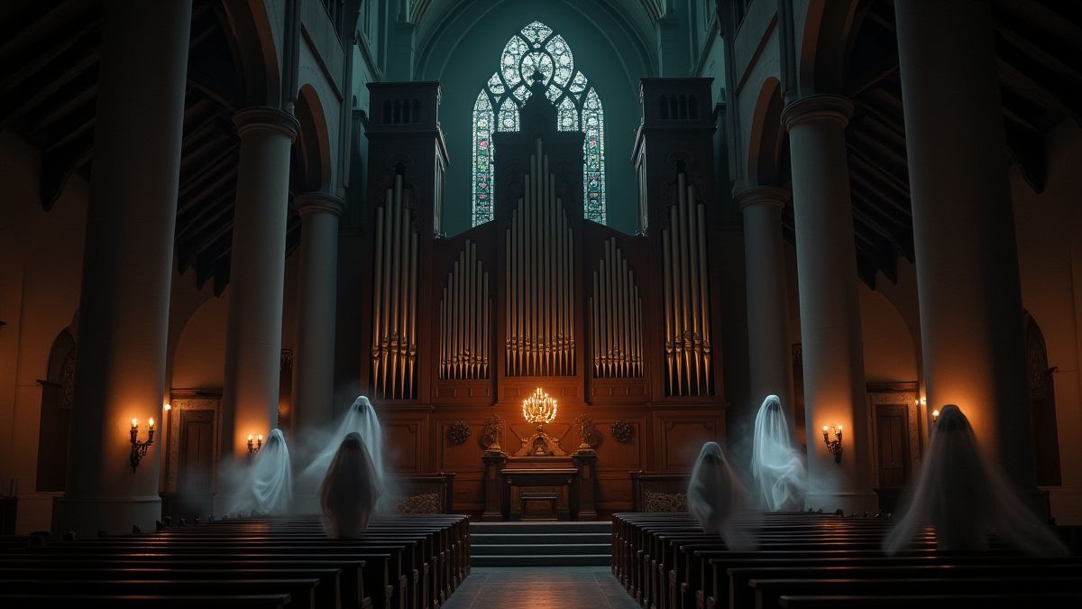 Dark church organ with spectral lights inspired by Nordic design.