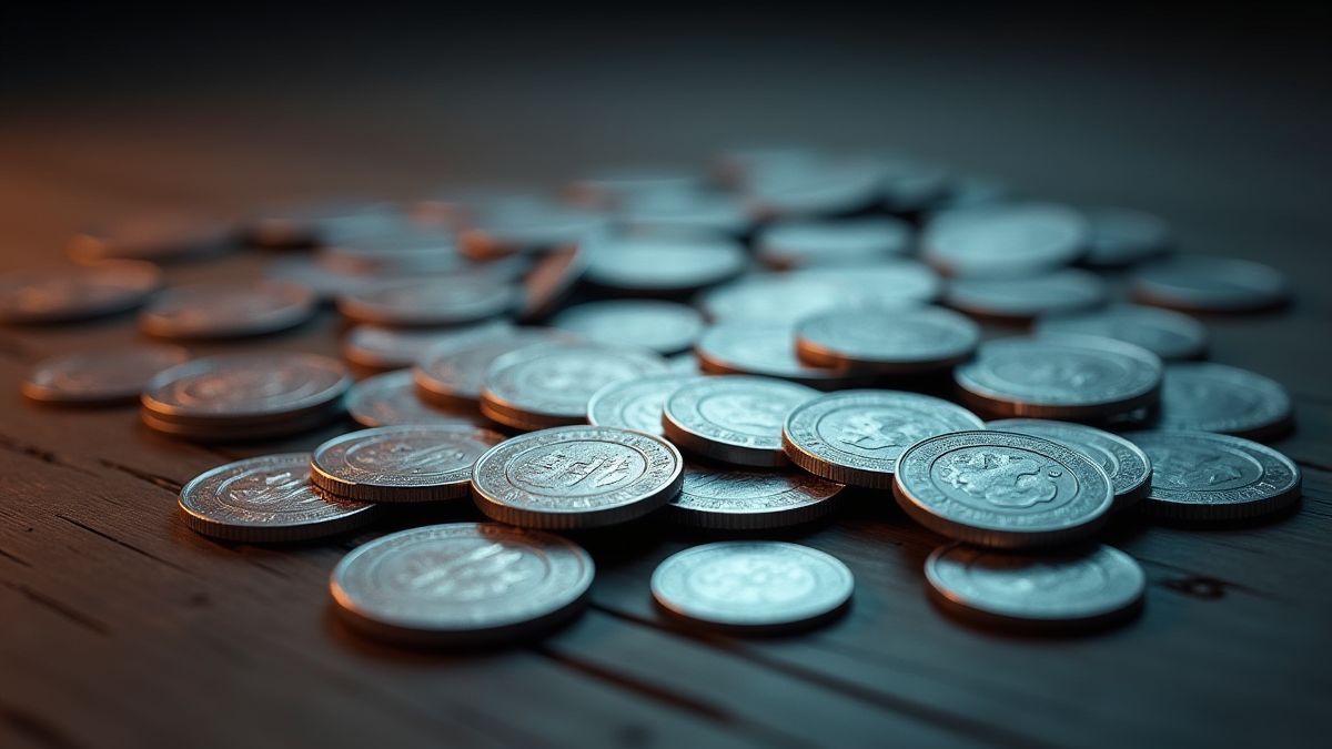 Silver coins scattered on a wooden table with a mysterious glow.