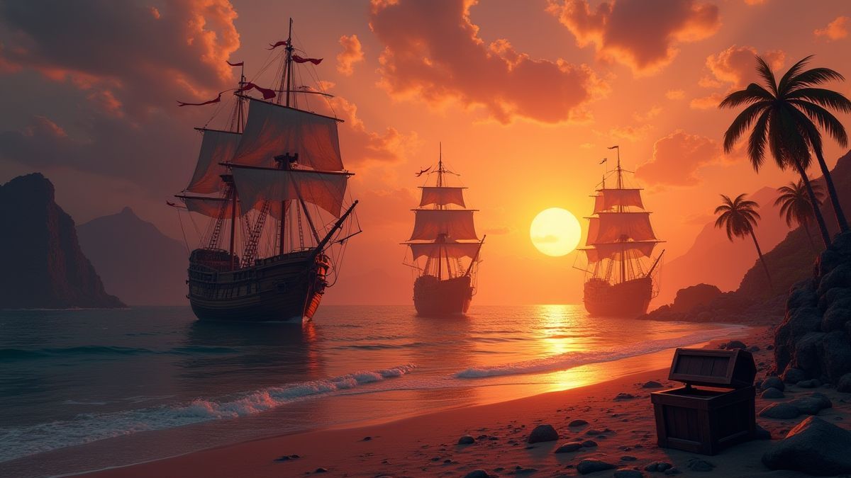 Piratenbaai bij zonsondergang met schepen en schatkisten