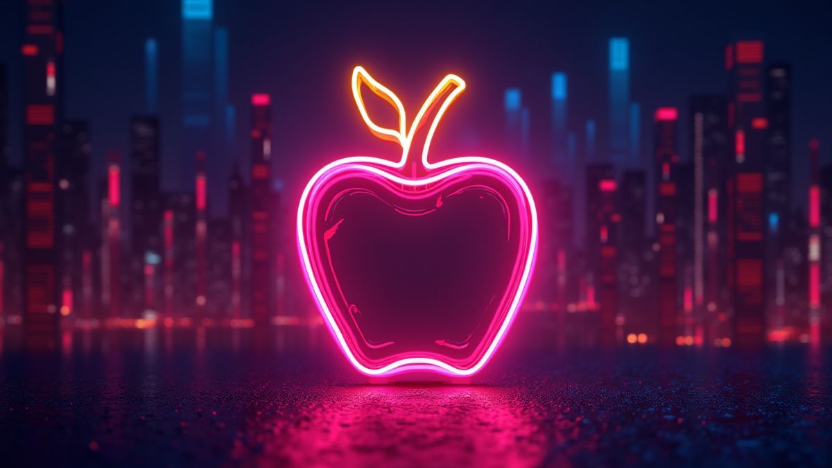 Design de fruits néon avec esthétique rétro sur un fond sombre.