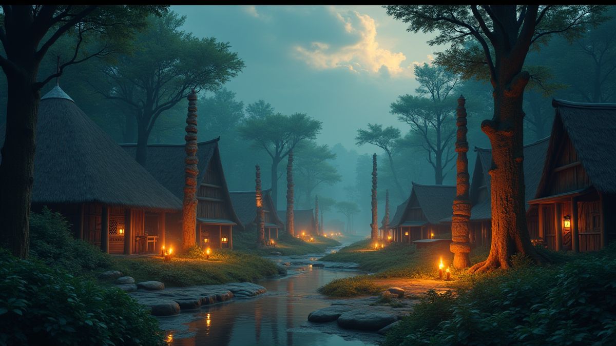 Aldea tribal rodeada de naturaleza con tótems iluminados.