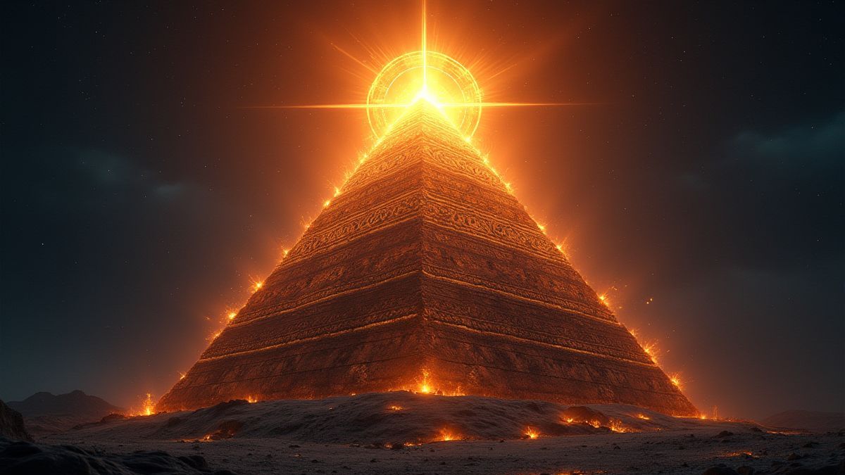 Pirámide mística iluminada rodeada de símbolos tribales y rayos de energía.