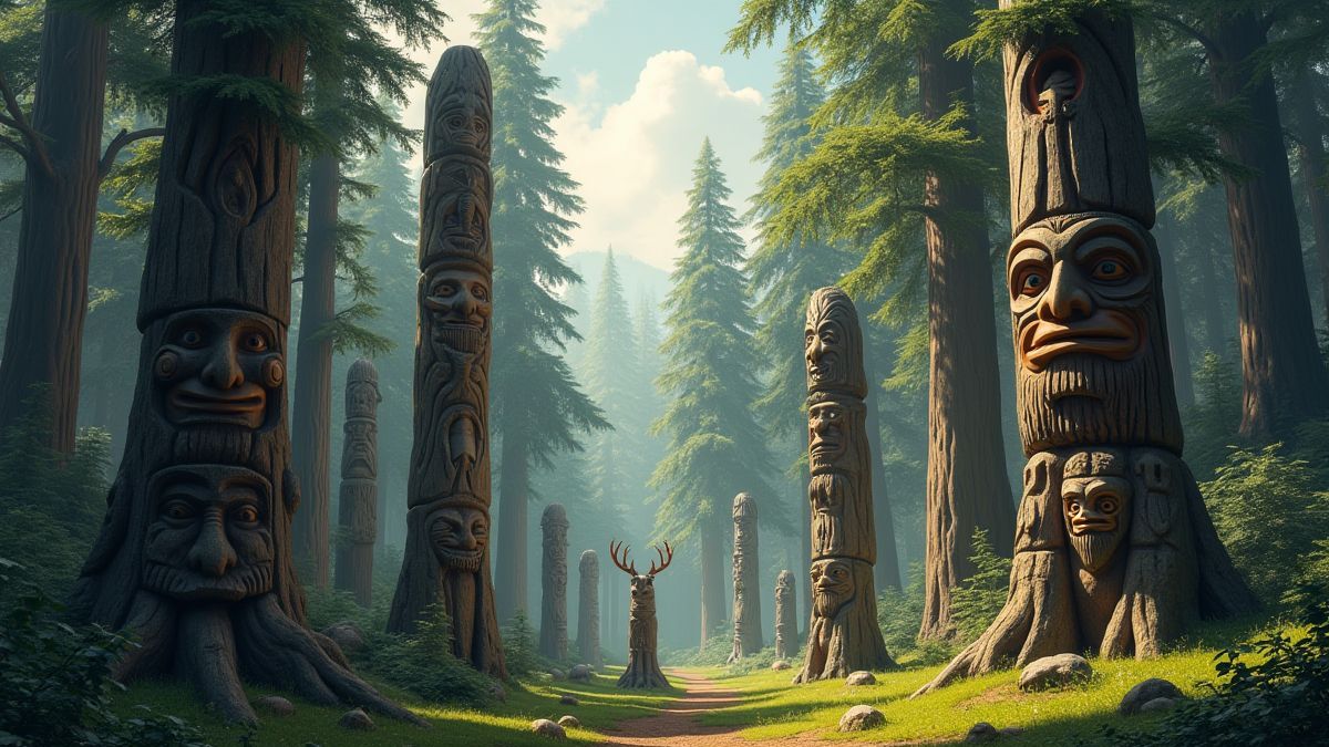 Forest scene with hand-carved totems and local fauna.