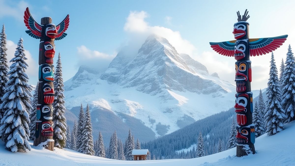 Snowy mountains with colorful totems in the foreground.