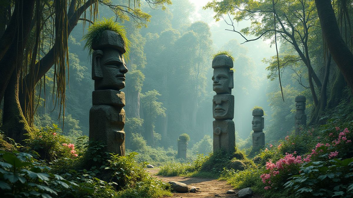 Des totems anciens entourés par la végétation de la jungle et des fleurs colorées.