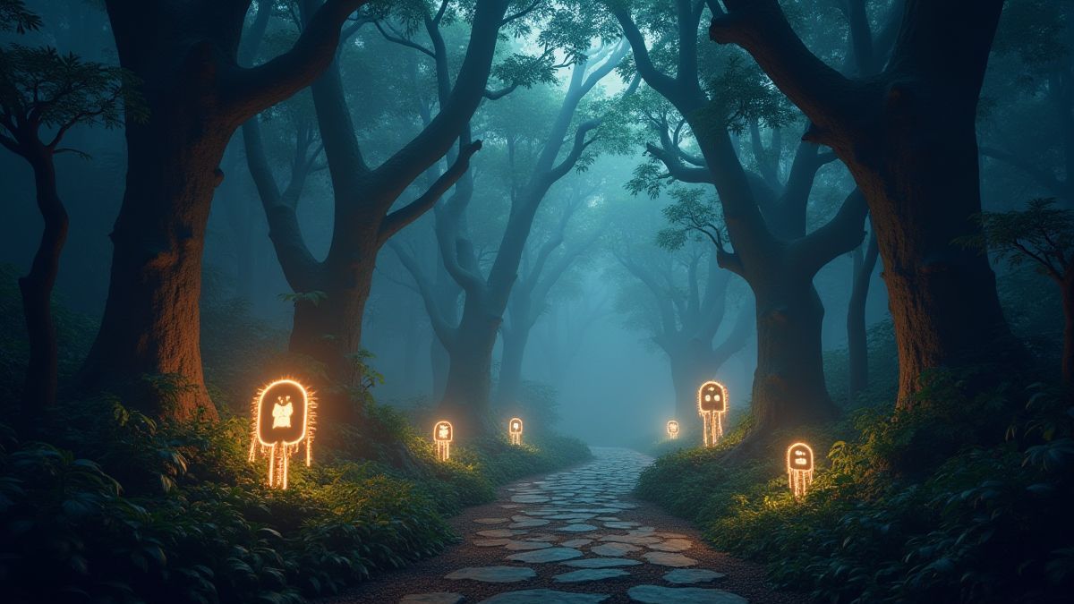 Une jungle mystique avec des symboles brillants et des effets de lumière ambiants.