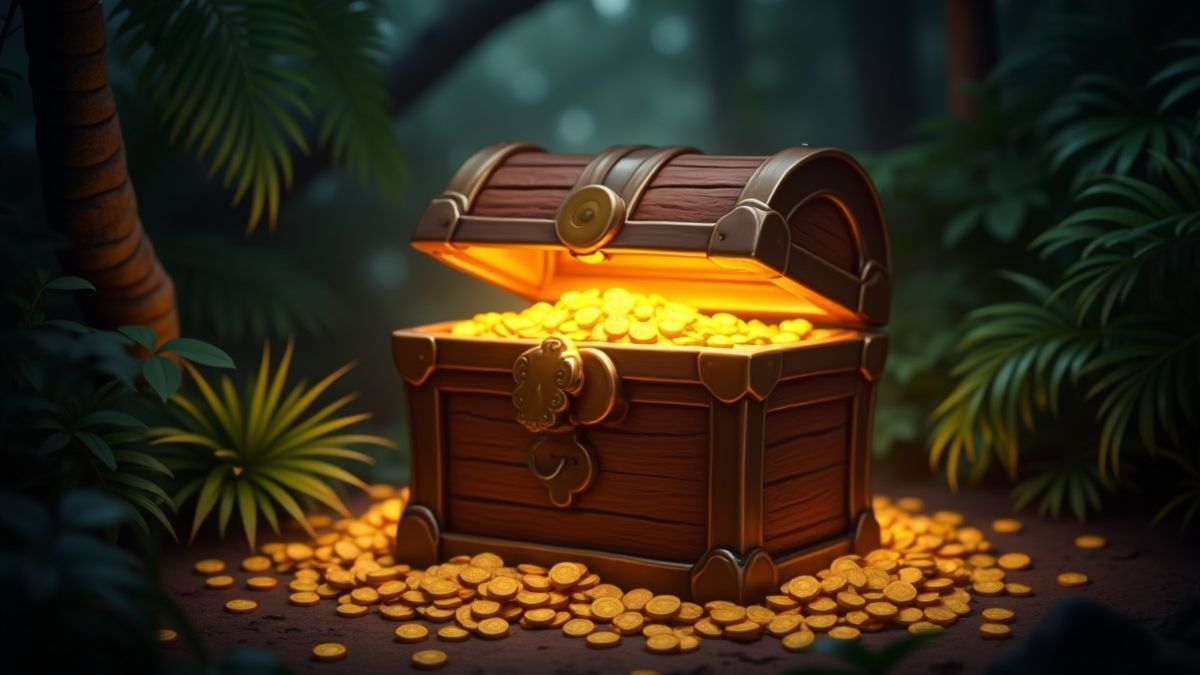 Un coffre au trésor brillant entouré de pièces dorées et de feuillage de jungle.
