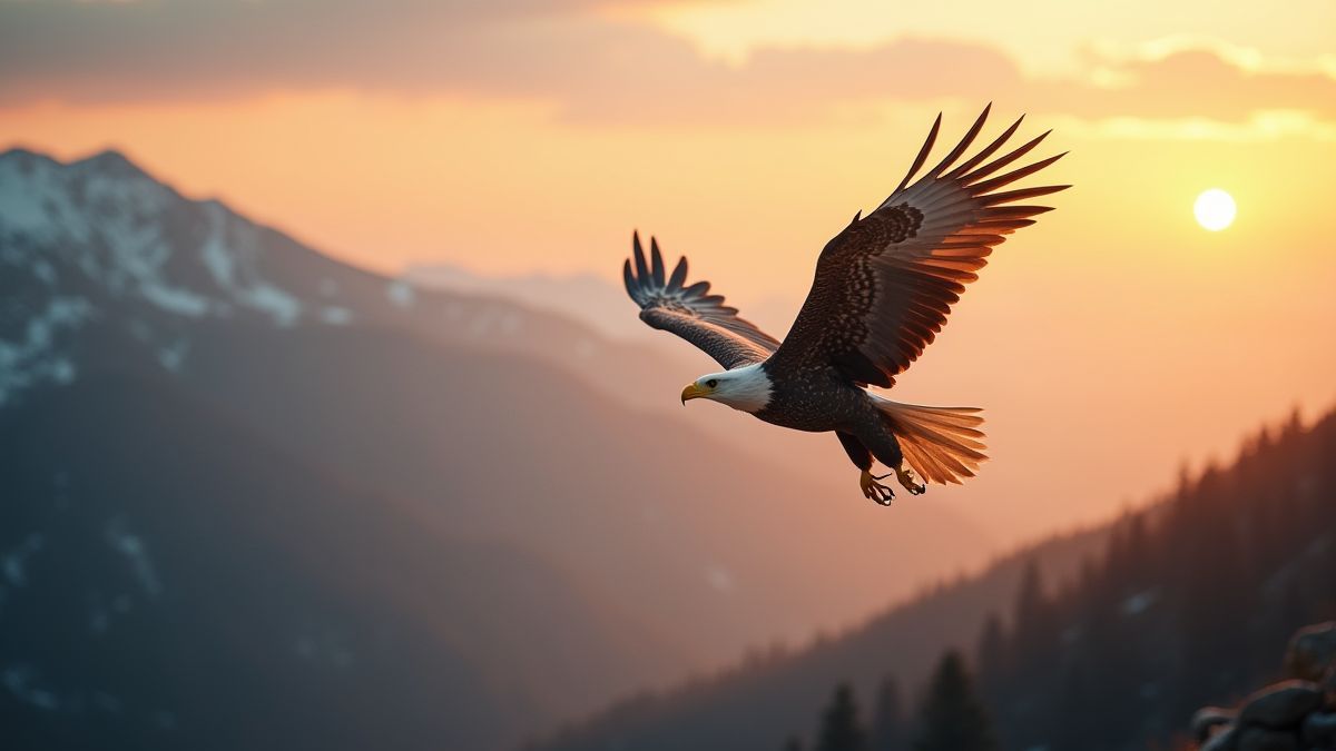Aigle volant au-dessus de montagnes au coucher du soleil.