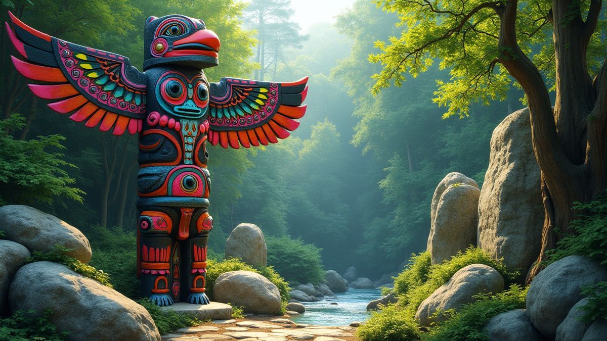 A colorful totem surrounded by vegetation and tribal symbols carved into rocks.