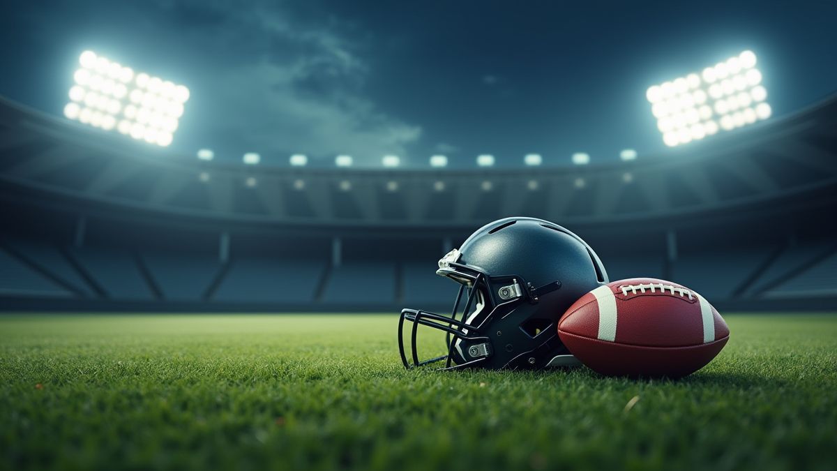 Casco de futebol americano e bola sobre grama sintética sob as luzes do estádio.