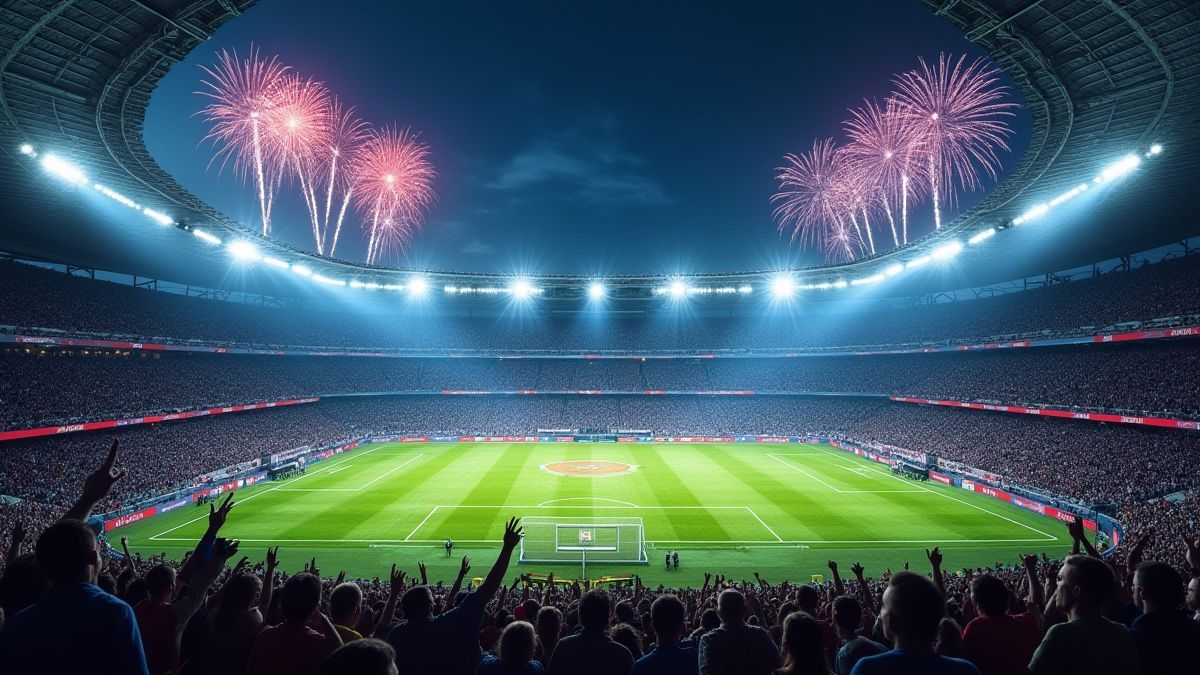Estádio de futebol americano com fogos de artifício e público animado.