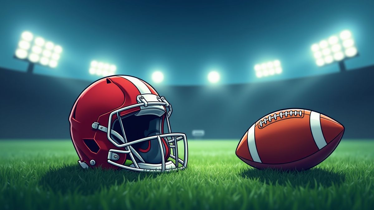 Casco de futebol americano e bola em grama sob luzes de estádio.