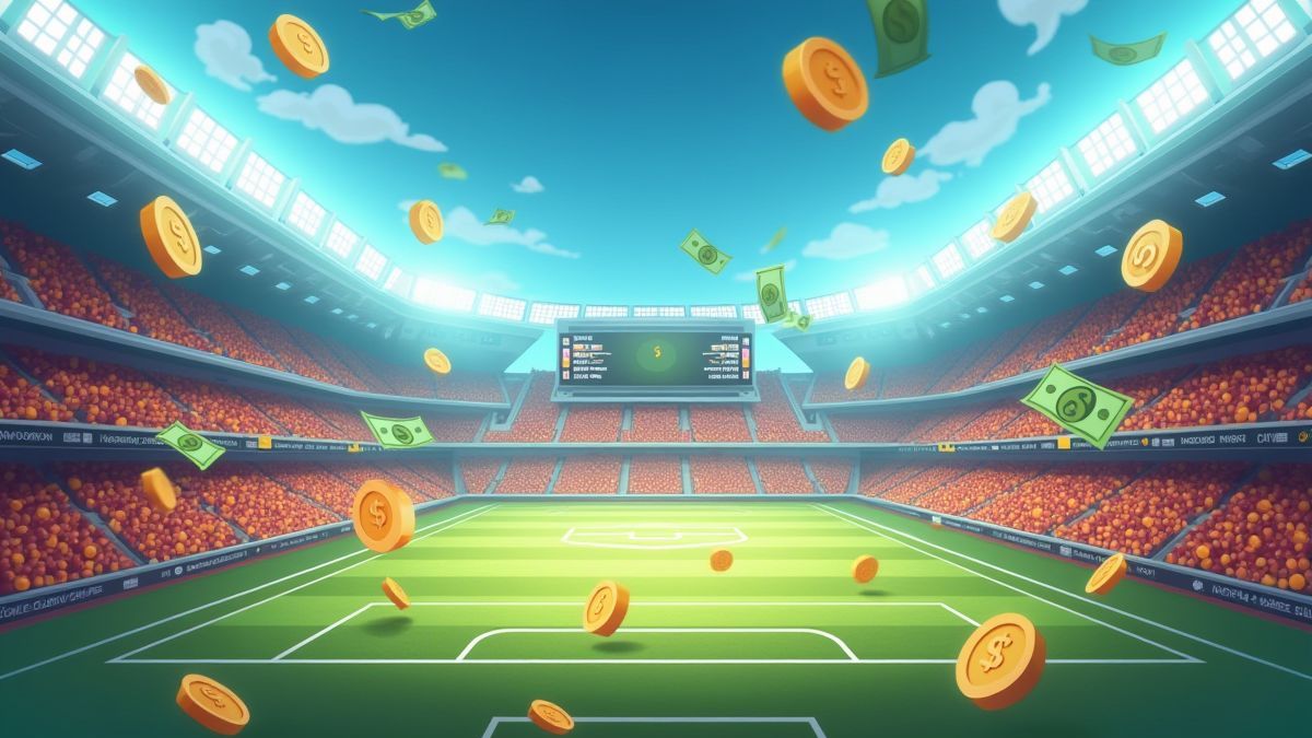 Moedas e notas voando em um estádio de futebol americano com placar de prêmios.