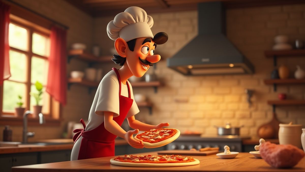 Een geanimeerde Italiaanse chef die pizzadeeg in een rustieke keuken gooit.