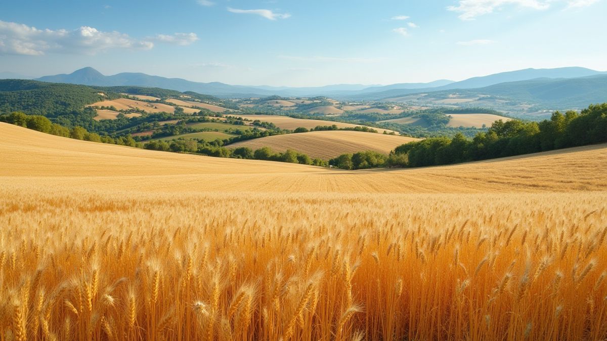 Een Italiaans plattelandslandschap met velden tarwe en wijngaarden.
