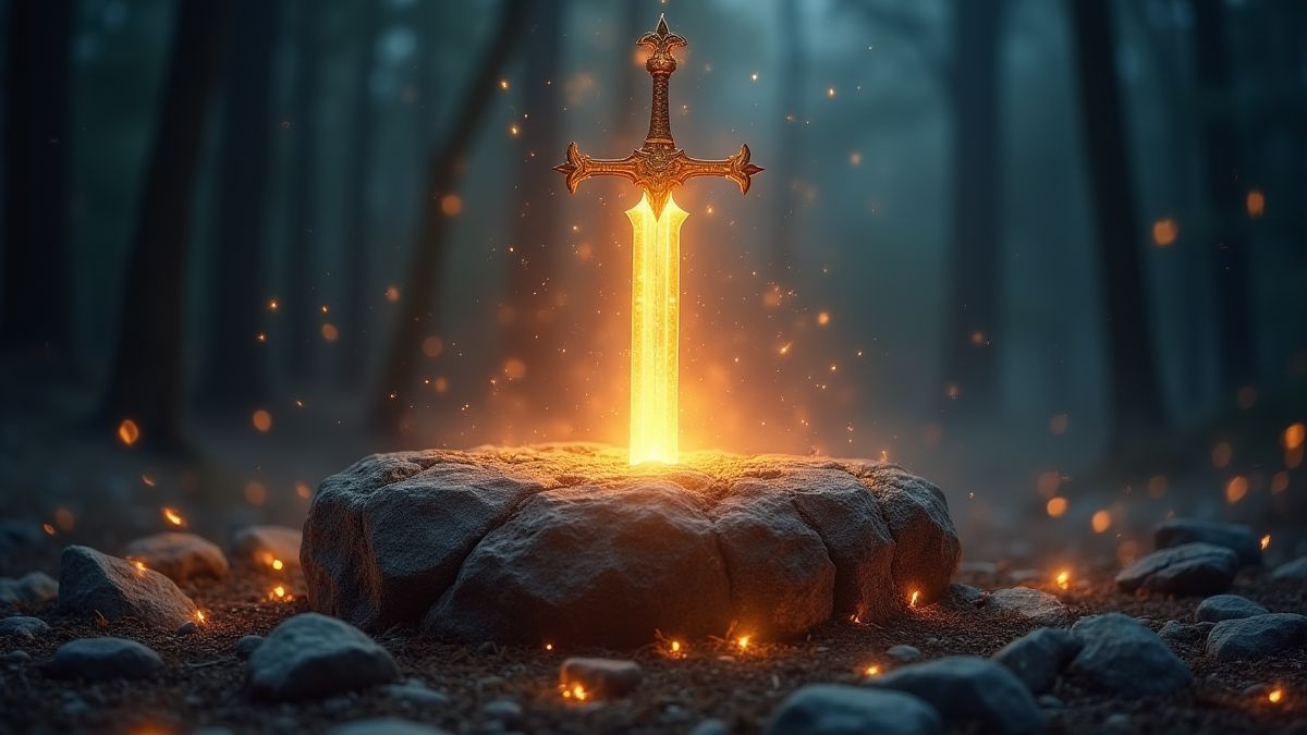 Espada mágica Excalibur rodeada de luces brillantes
