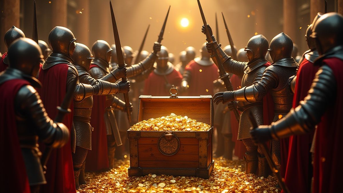 Caballeros medievales celebrando alrededor de un cofre lleno de oro