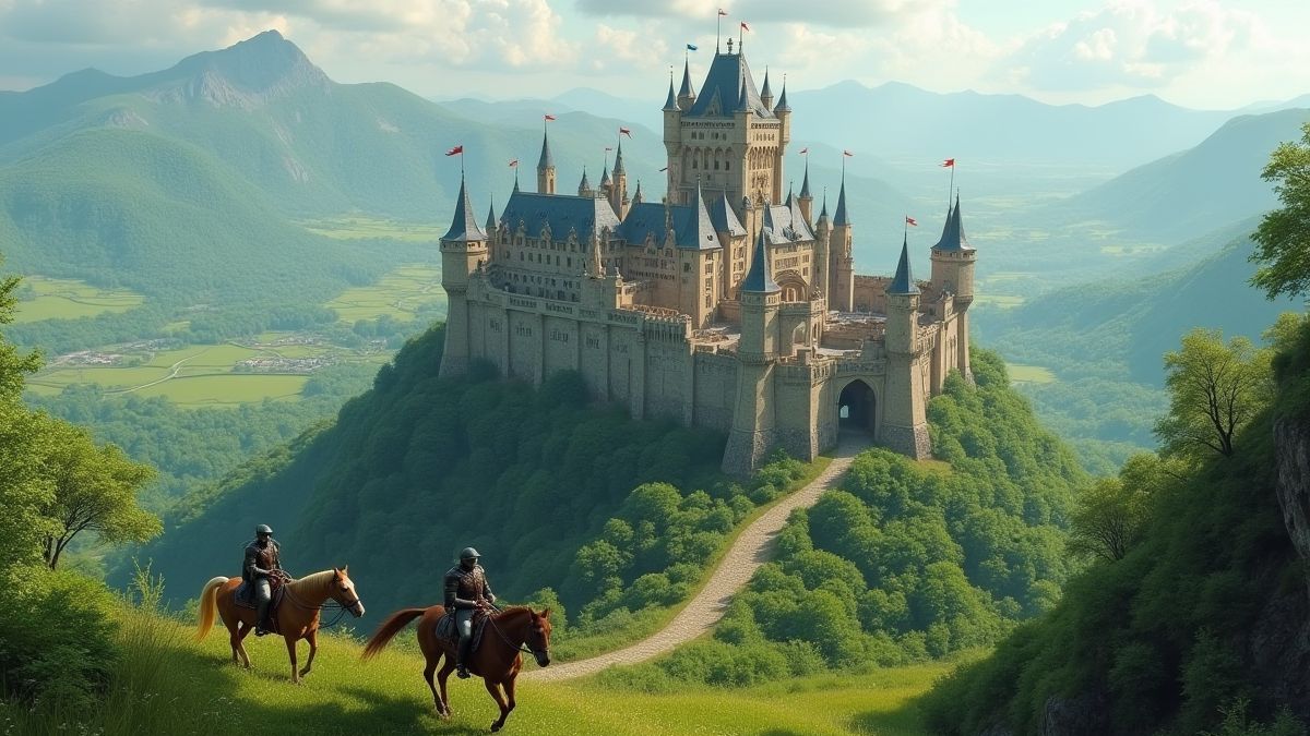 Castillo medieval rodeado de paisajes verdes y caballeros a caballo