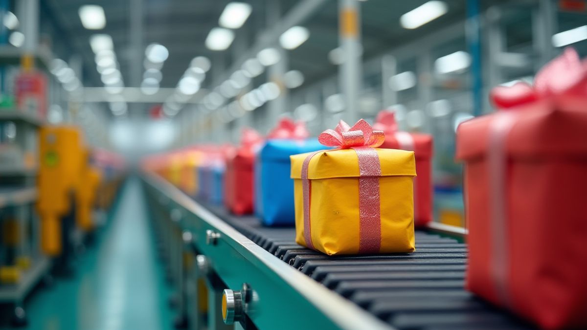 Cinta transportadora con regalos en una fábrica de juguetes.