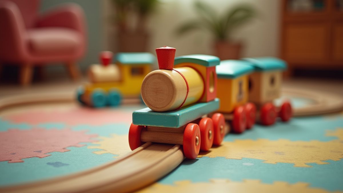 Um trem de madeira nostálgico sobre o chão de uma sala de jogos colorida.