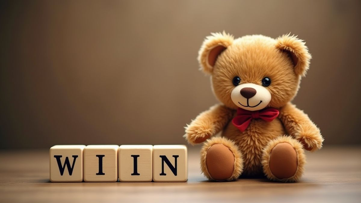 Um ursinho de pelúcia ao lado de blocos de madeira que soletram 'Win'.
