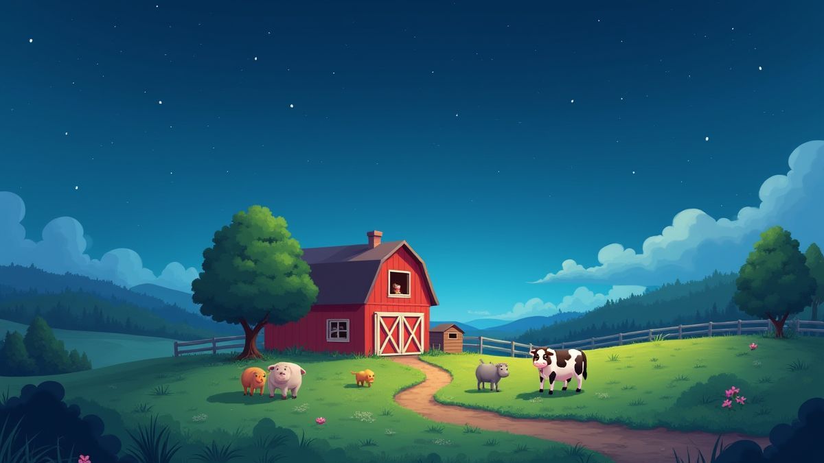 A farm with animals under a cartoon-style starry sky.