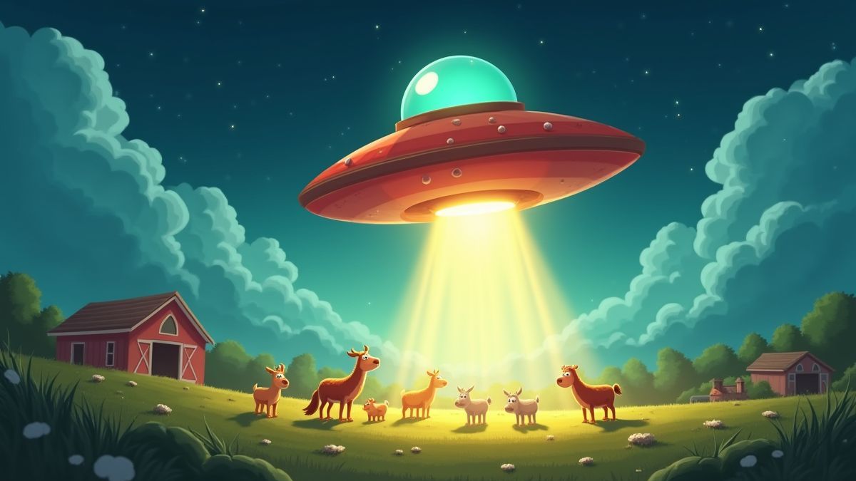 A spaceship abducting farm animals with cartoon-style beams of light.