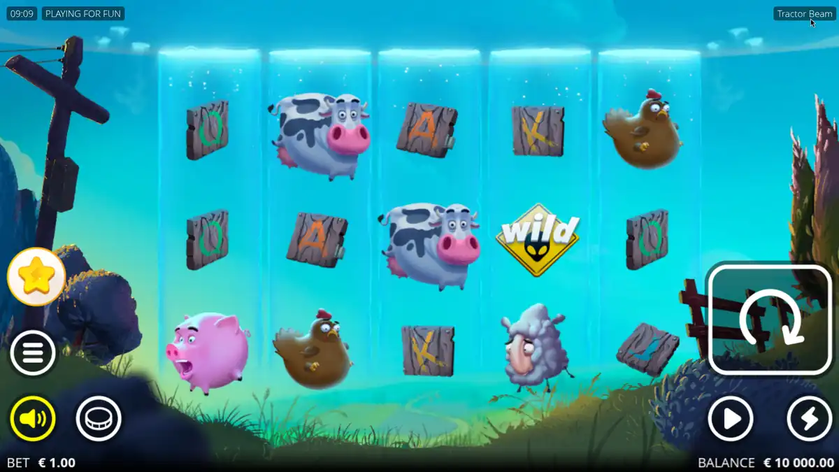 Tractor Beam base game with 5 reels of farm animals, card symbols and a wild on a night-time farm
