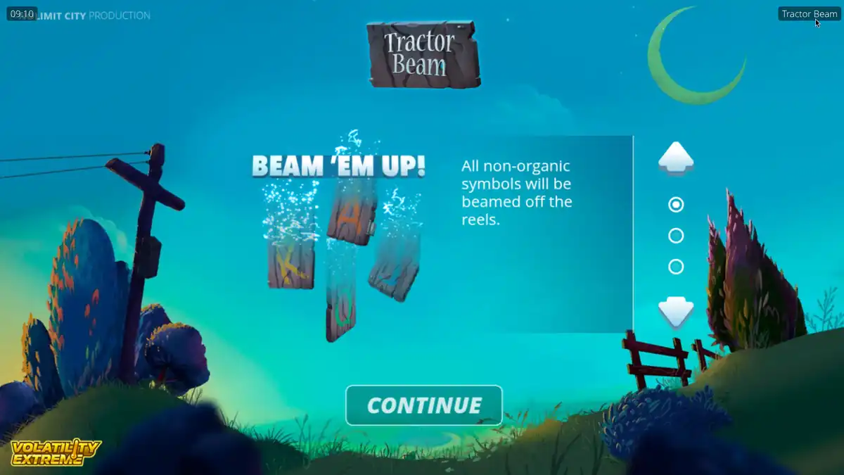 Tractor Beam intro screen explaining the Beam 'Em Up! feature that removes low symbols