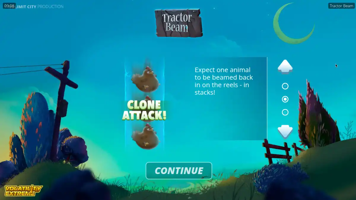 Tractor Beam intro screen explaining the Clone Attack! stacked farm animal feature