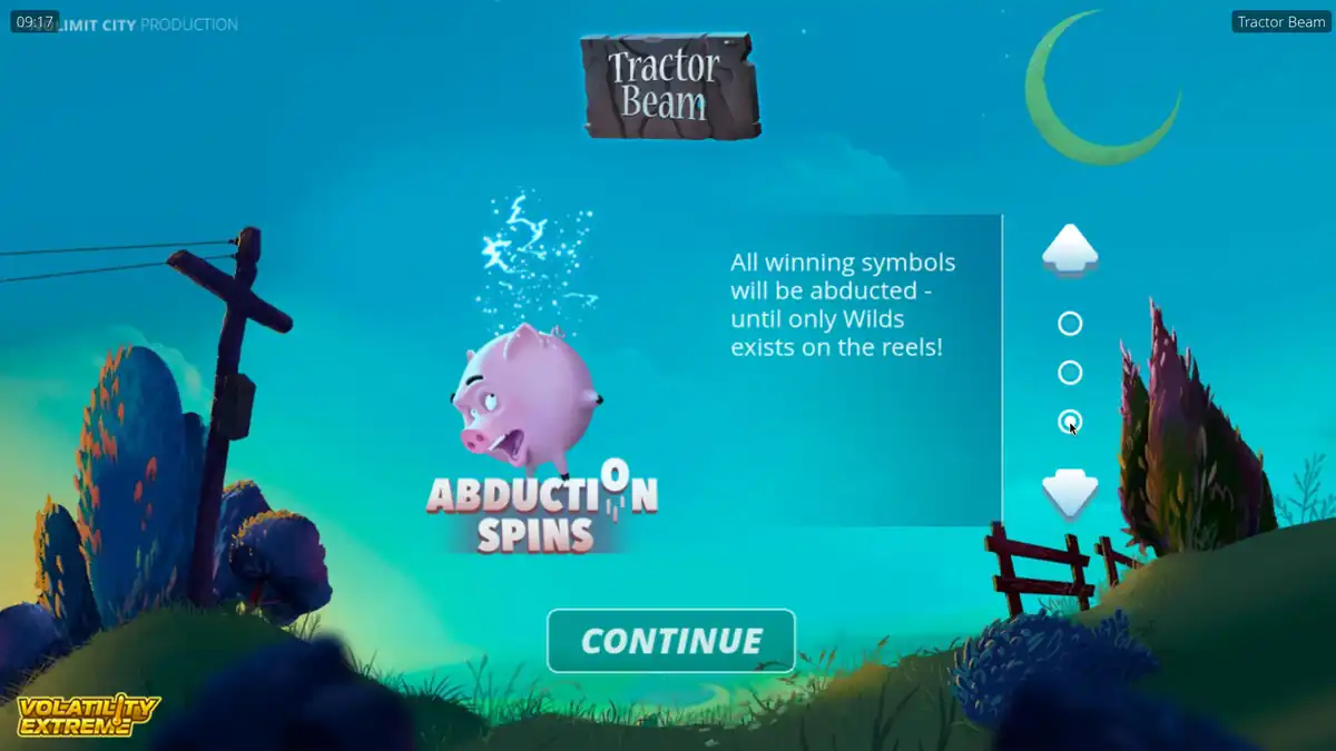 Tractor Beam intro screen for Abduction Spins with a pig being beamed up