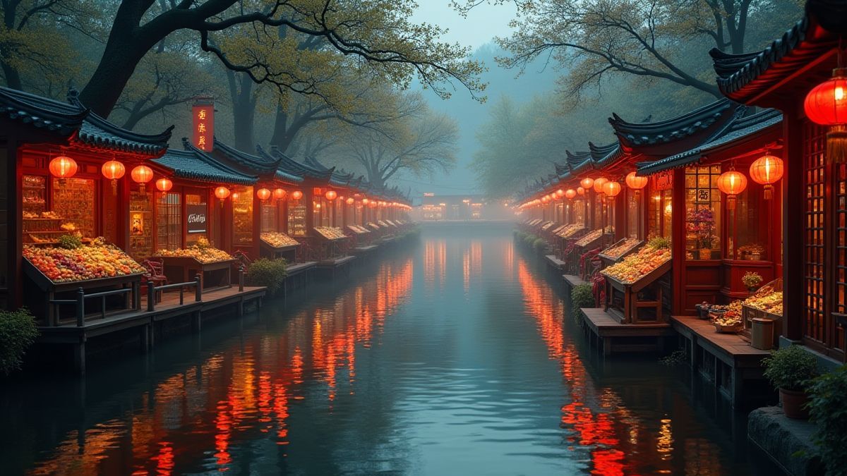 Een rustige rivier met traditionele Chinese marktkramen en heldere lantaarns.