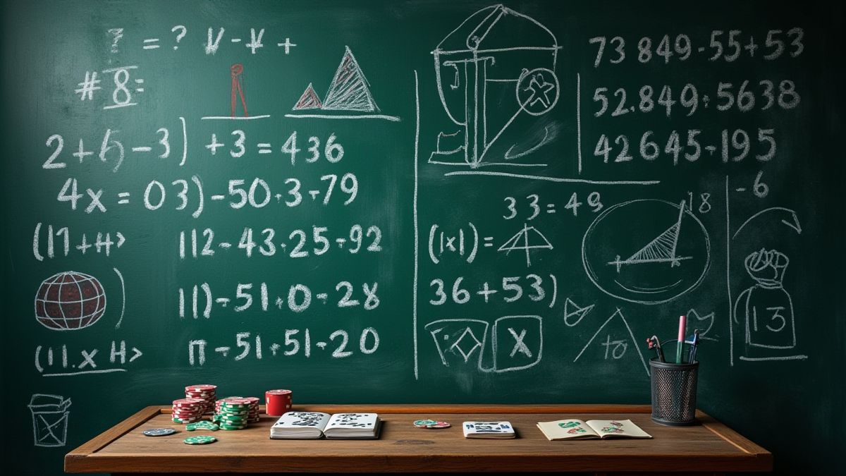 Tafel mit Zahlen und mathematischen Strategien in einem Casino-ähnlichen Umfeld.