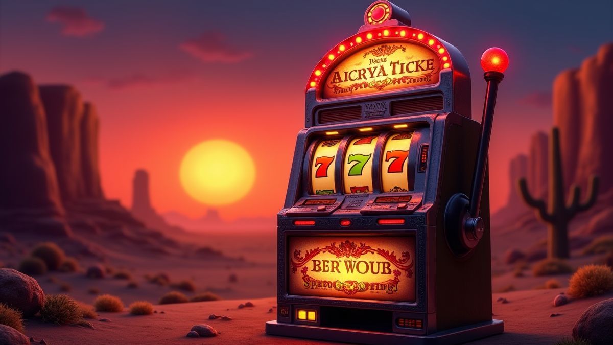 Retro slot machine with glowing lights and a desert background.