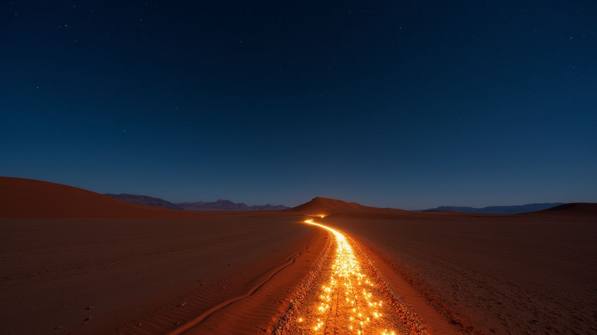 Desert landscape with a blazing path under a starry night.