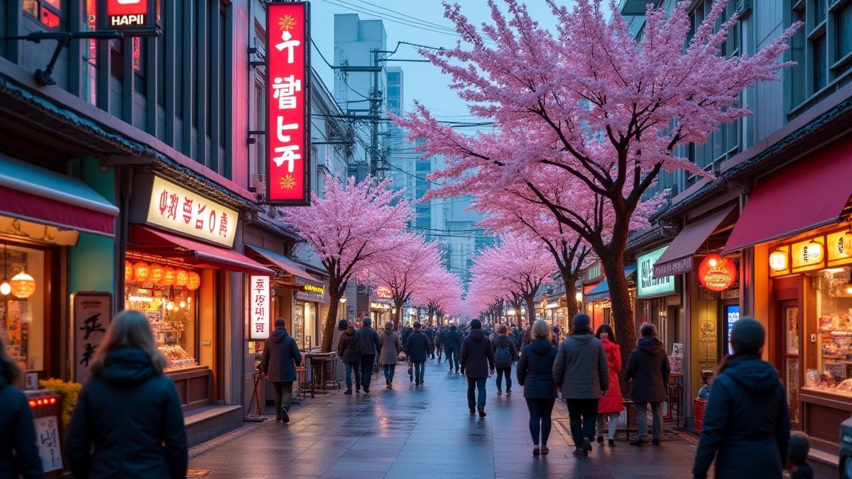 Rue de Séoul illuminée avec des lumières néon et cerisiers en fleurs.