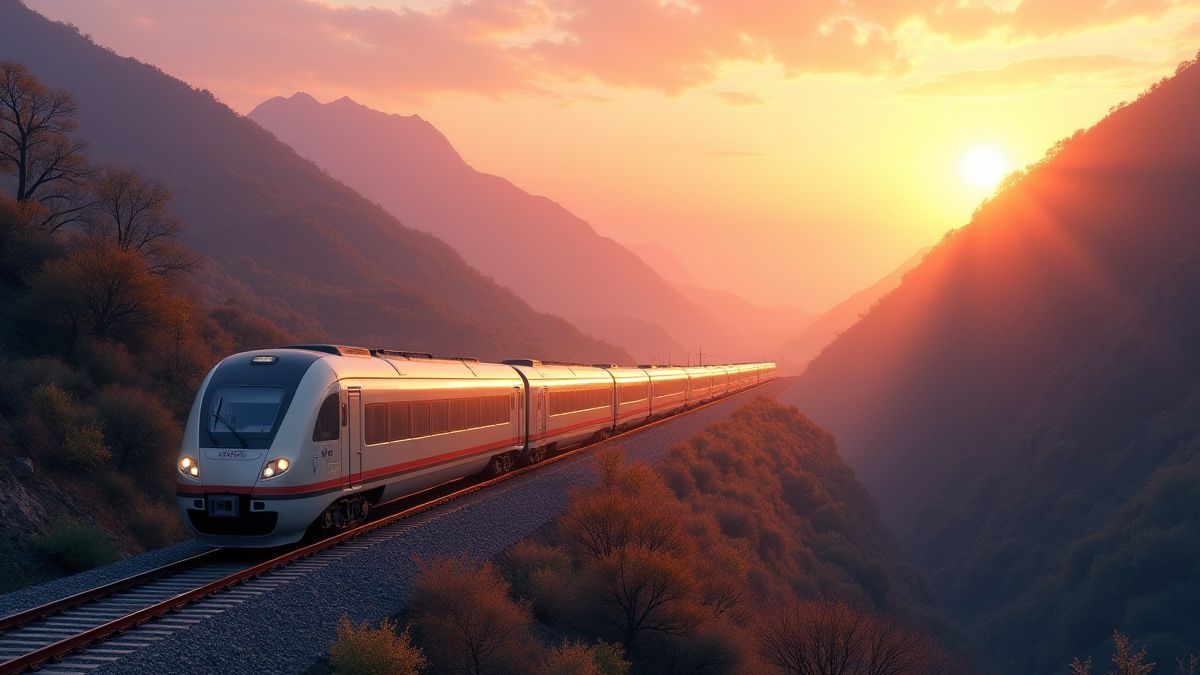 Train animé traversant un paysage montagneux coréen au coucher du soleil.