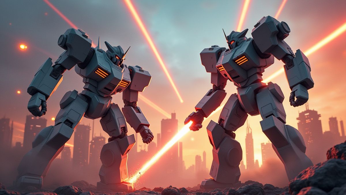 Dos robots gigantes luchando en una ciudad futurista con rayos láser y explosiones.