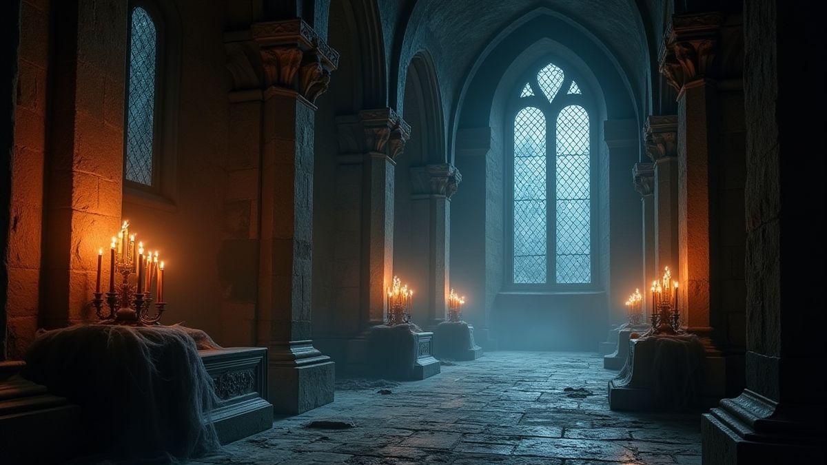 Interior de um castelo gótico com velas acesas e teias de aranha.
