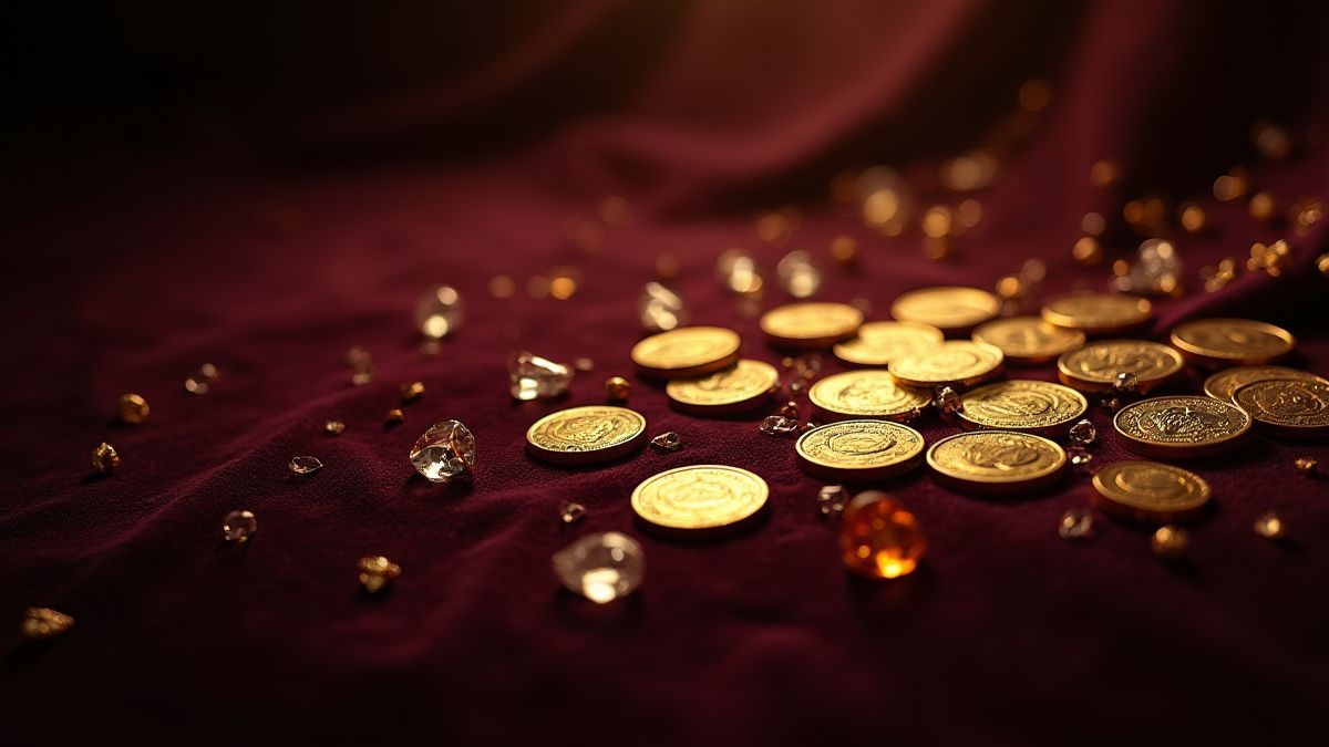 Moedas de ouro e joias sobre um fundo de veludo escuro.