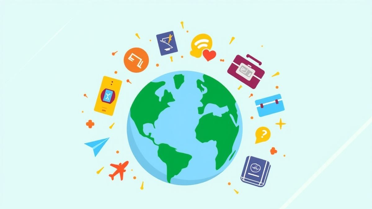 Globe entouré d'icônes de voyage colorées.