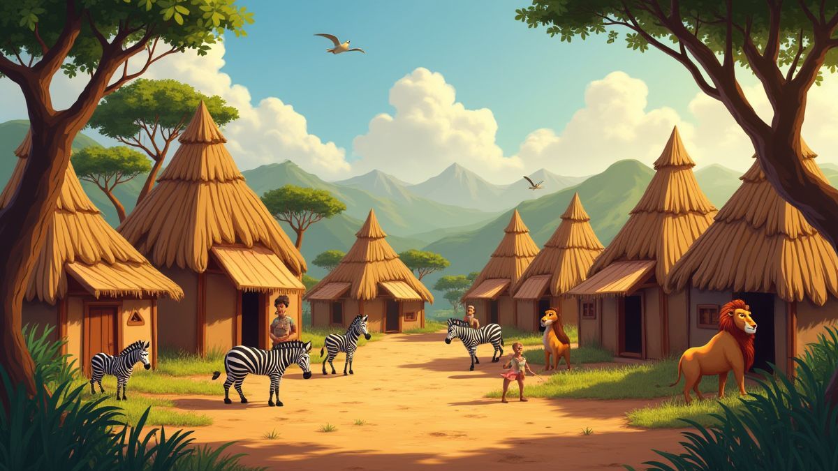 Une aldea tribal animée entourée de faune africaine comme zèbres et lions.