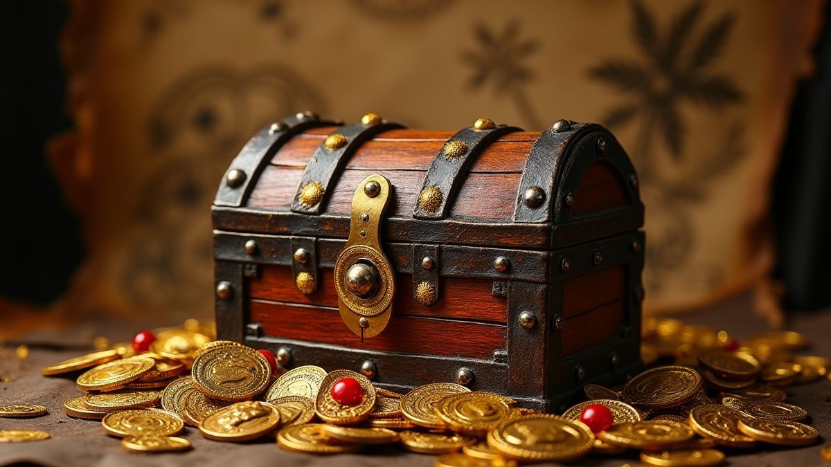Treasure chest surrounded by gold coins and jewels with a pirate map in the background.